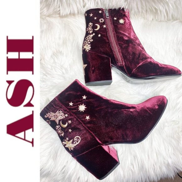 ASH Elixir Burgundy Velour Chunky Heel Bootie Gold Stars & Moons, Size 40 - Picture 2 of 14